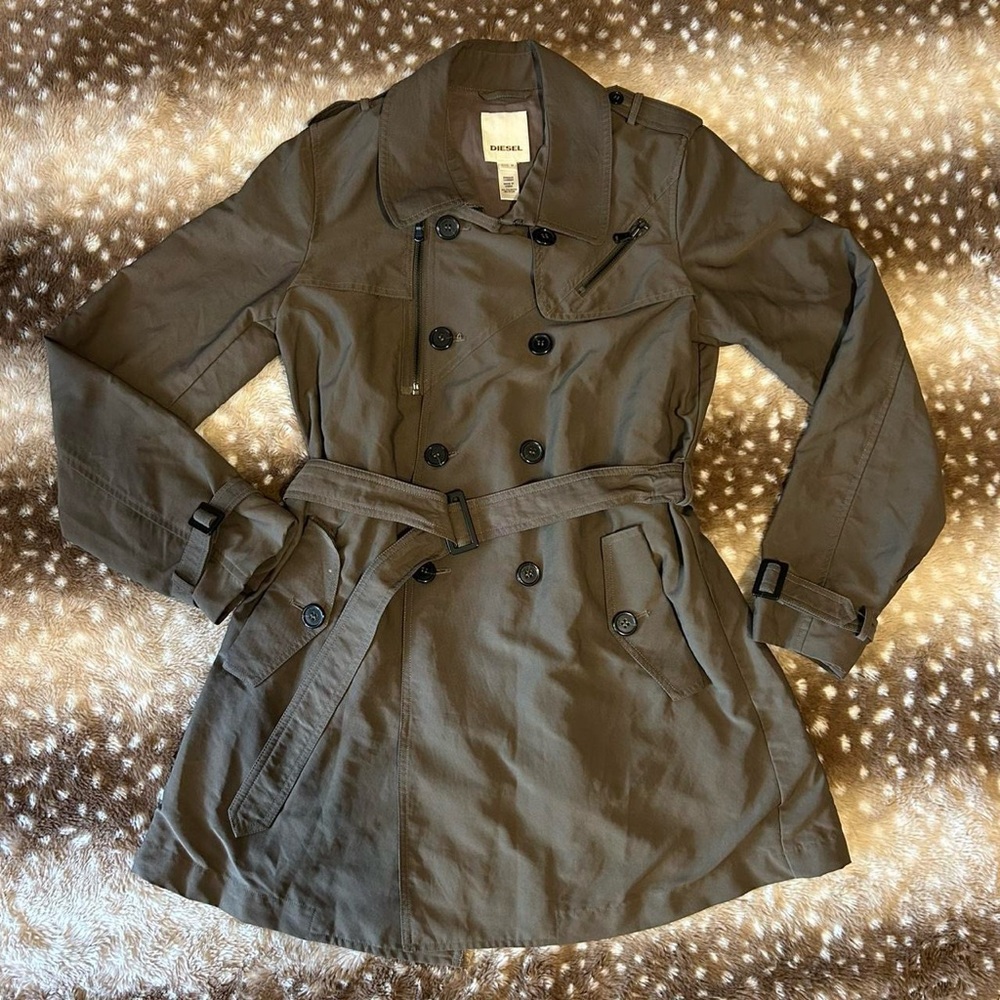Diesel Olive Brown Double Breasted Trench Coat Size M